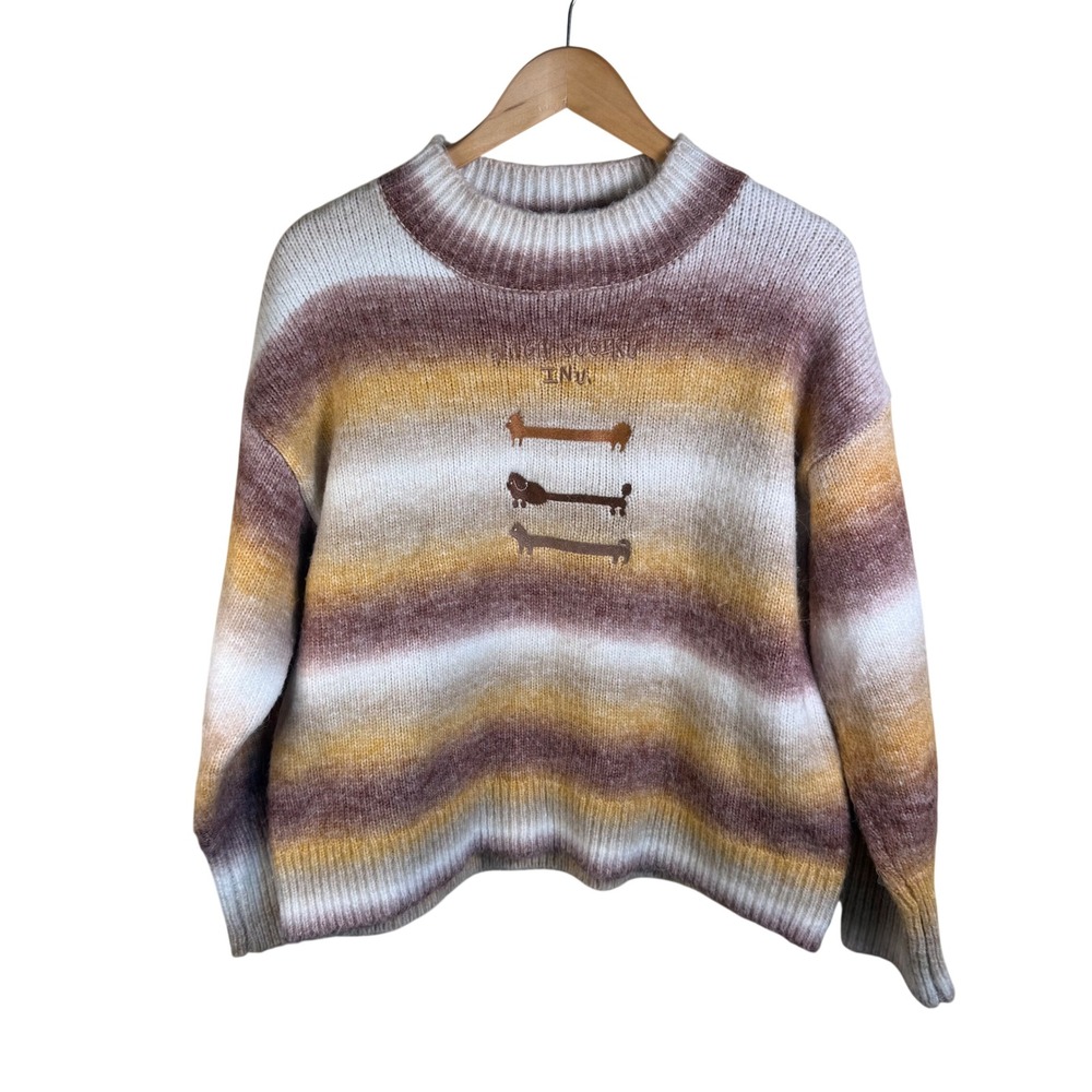 Graniph Nagasugiru Inu Dog Sweater Womens L Brown Gradient Mock Neck Kawaii Knit